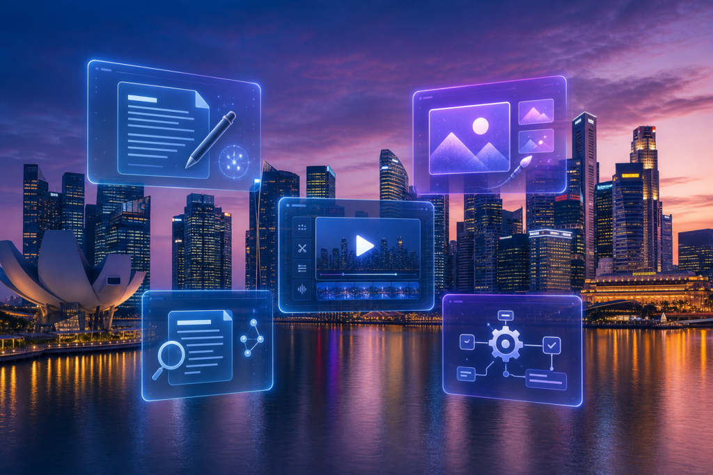 Free AI tools dashboard concept with Singapore skyline for 2025 guide