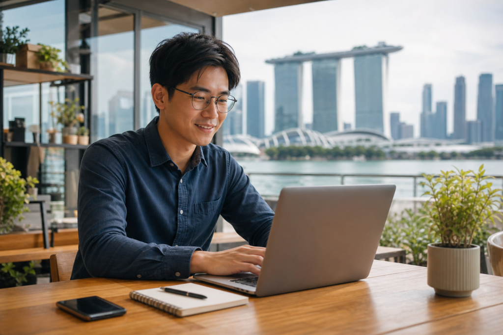 Singapore small business owner using ChatGPT on laptop in a modern workspace