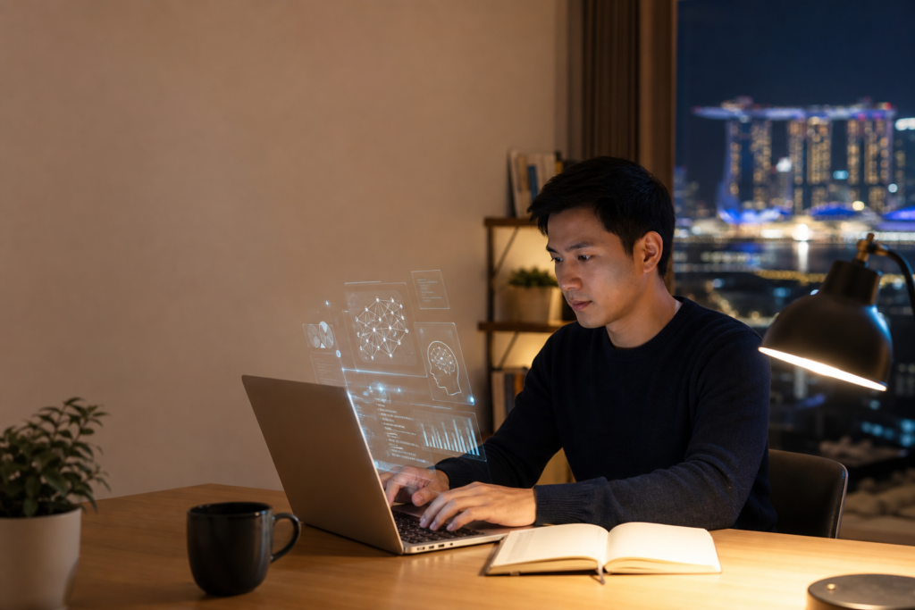 AI upskilling roadmap for working professionals in Singapore, person studying with laptop and AI interface