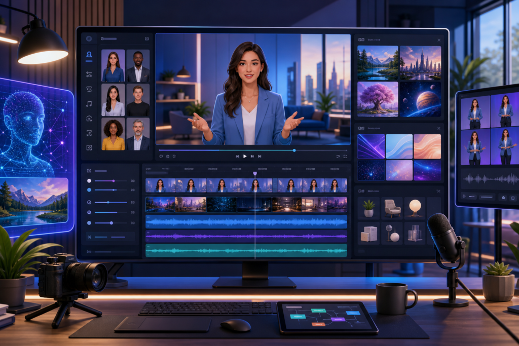 AI video creation with avatar presenter and timeline editor